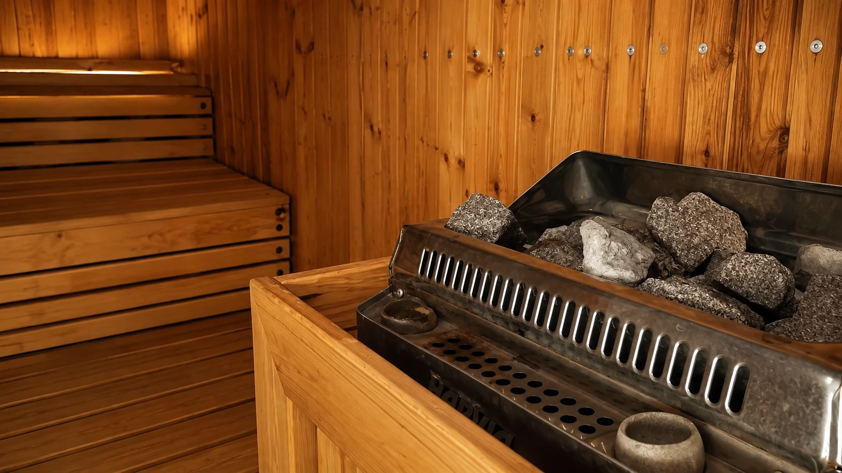 Heater and benches in the Finnish sauna